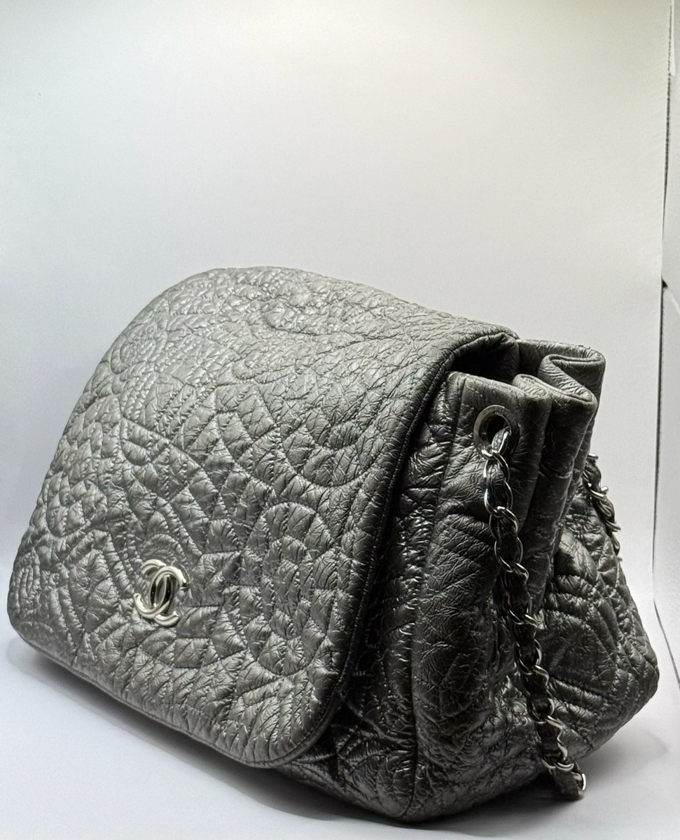 Chanel Silver CC Vinyl Camellia Graphic Edge Accordion Flap Bag