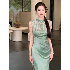 New Chinese Retro Pearl Chain Shawl Womens Summer Sleeveless Qipao Party Dresses