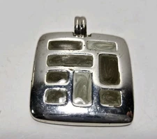 Vtg Silvertone Pendant Signed KC Square Large Bale Silver Tone Green Accents