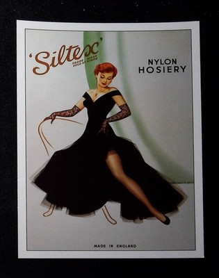 Vintage Siltex Nylon Hosiery Postcard Featuring Elegant Woman in Black Dress