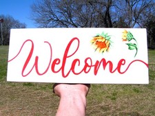 hand painted Wooden Hanging Welcome sign with sunflowers