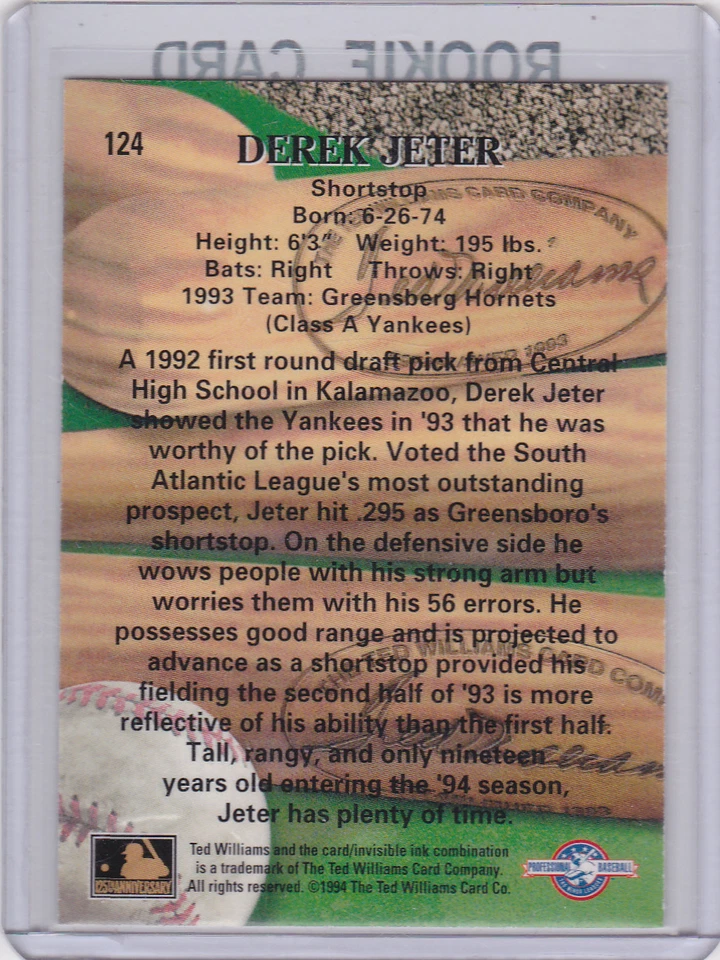 Tarjeta de novato Derek Jeter Greensboro Hornets LIGA MENOR BÉISBOL RC $$ ¡Yanquis! Foto 2 de 2