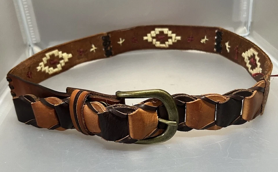 Cinturón BKE Paint Creek Marrón Bordado Parche Trenzado Puntada Latón Hebilla TALLA S Foto 4 de 4