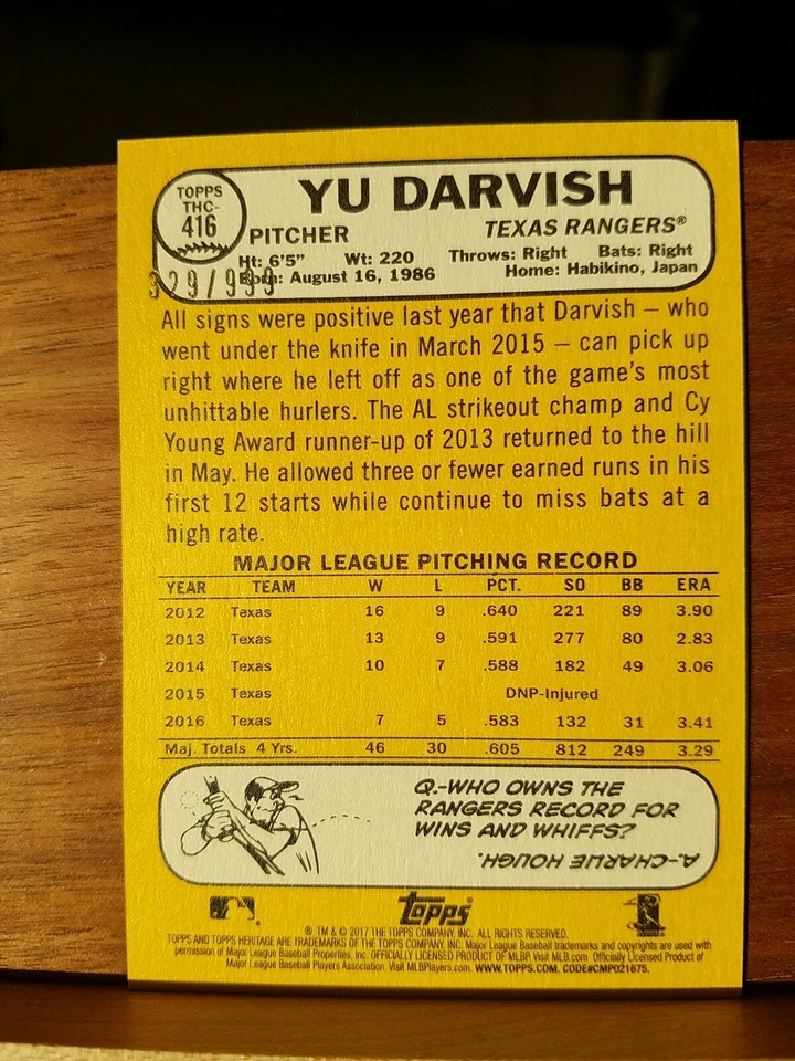 2017 Topps Heritage Yu Darvish Chrome 329/999 #THC-416  - Image 2 of 2