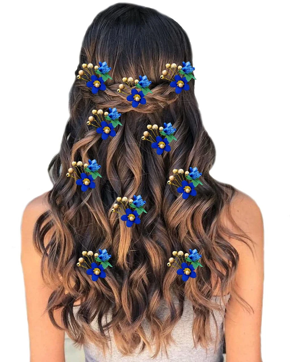 Stylish Flowers Hair Accessories With Pearl Color Blue For Wedding