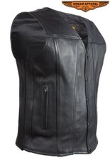 Black Men's Leather Motorcycle Club Vest V-Neck Concealed Carry Pockets
