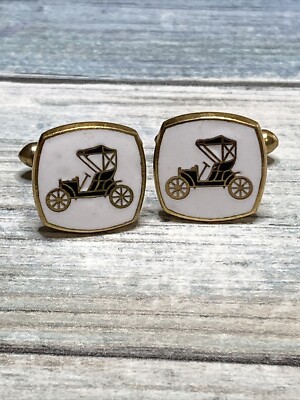 Vintage Enamel  Car Cufflinks Pair Square White Gold tone