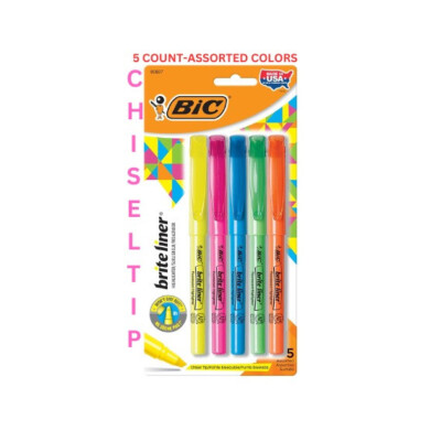 BIC Brite Liner Highlighters, Chisel Tip, 5-Count Pack of Highlighters Assorted