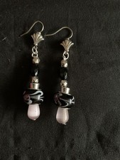 Black And White Swirl Floral Murano Beads With Pink Mexican Opal Bead Earrings