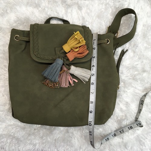 Faux Suede Backpack Purse Colored Tassels Side Pocket OD Green - Picture 10 of 10