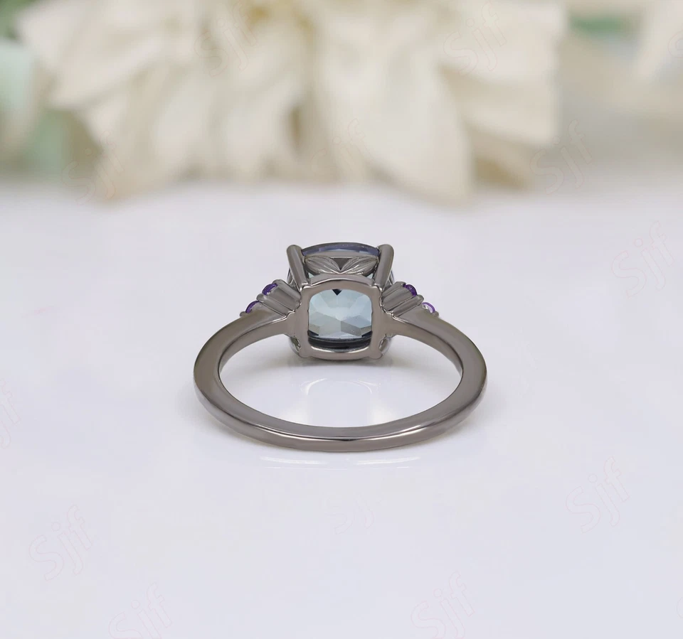 Anillo chapado en rodio negro plata 925 plata alejandrita creado por laboratorio cojín Foto 3 de 4