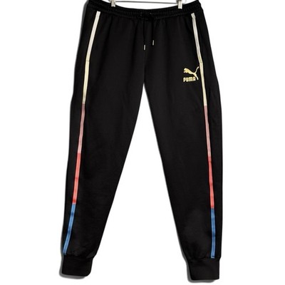 PUMA Iconic T7 Track Pants Men s XL Black Gold Logo Gradient Stripe Joggers