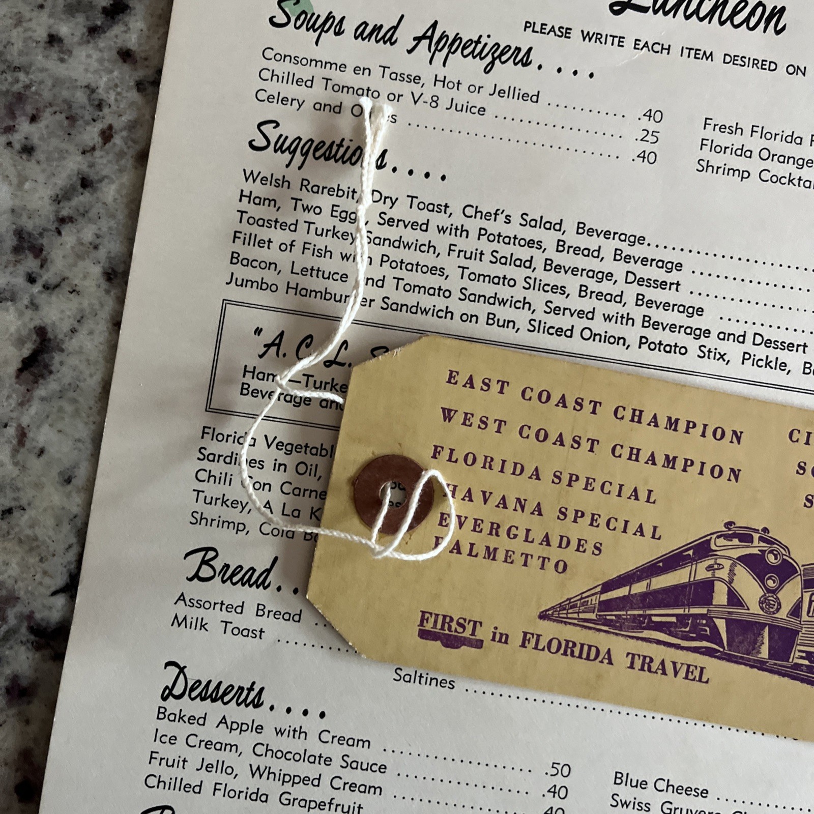 1965 Atlantic Coast Line RR Menu & Baggage Ticket ACL Lunch Train Dining Car