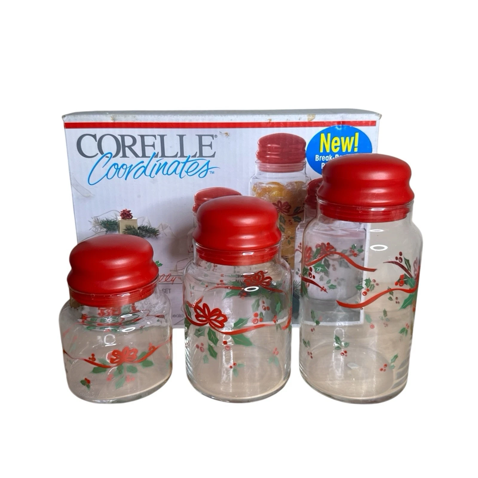 Corelle Coordinates Winter Holly Glass Canister Set of 3 Canisters with Lids VTG