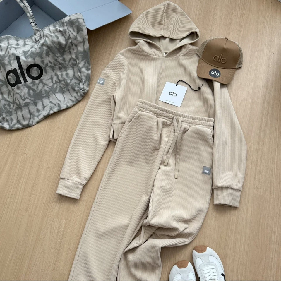 2025 Nuevo Conjunto Deportivo Alo Para Mujer Pana Suéter Corto con Capucha + Leggings Foto 4 de 4