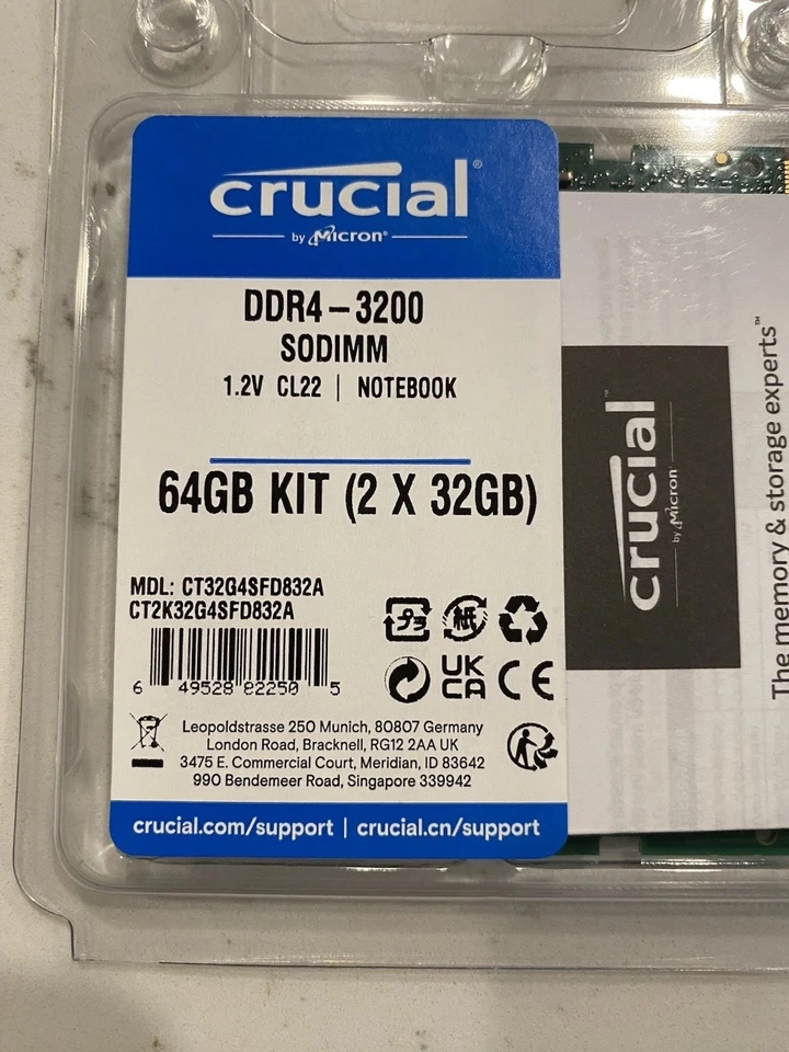 Crucial 64GB 2 x 32GB DDR4 3200MHz 260-pin SoDIMM Memory Kit CT2K32G4SFD832A NEW - Image 2 of 4