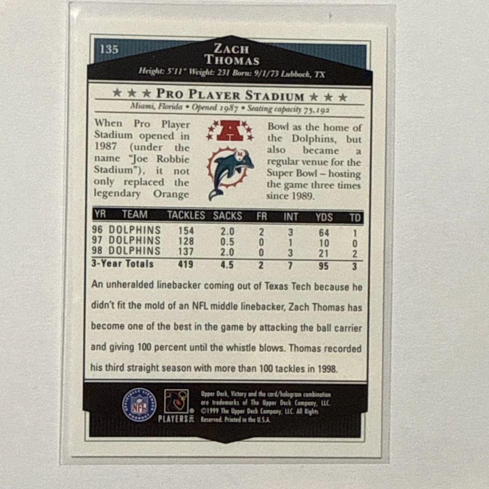 Upper Deck Victory Zack Thomas Football Card #135 Miami Dolphins HOF  - Image 2 of 2