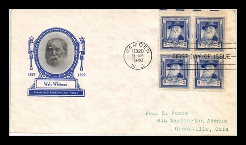 DR JIM STAMPS US COVER WALT WHITMAN FAMOUS AMERICANS FDC BLOCK OF 4 IOOR