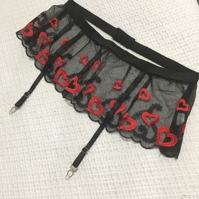 Sexy Lingerie Set Of 3 Black Lace Embroidered Red Heart Open Bra Thong Skirt NEW