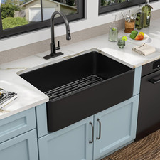 33"X20" Black Farmhouse Sink   Flat Apron Front Matte Black Porcelain Ceramic Fi