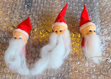 3 Vtg Rubber Face Santa Heads w/Beards / Wire Christmas Decor -Blue Japan Label