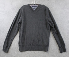 Tommy Hilfiger Sweater Men's Medium Gray Cotton V Neck Pullover Long Sleeve