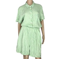 90s Y2K Vintage Rayon Shirt Shorts Romper Summer Playsuit Green White Dot 16 1X