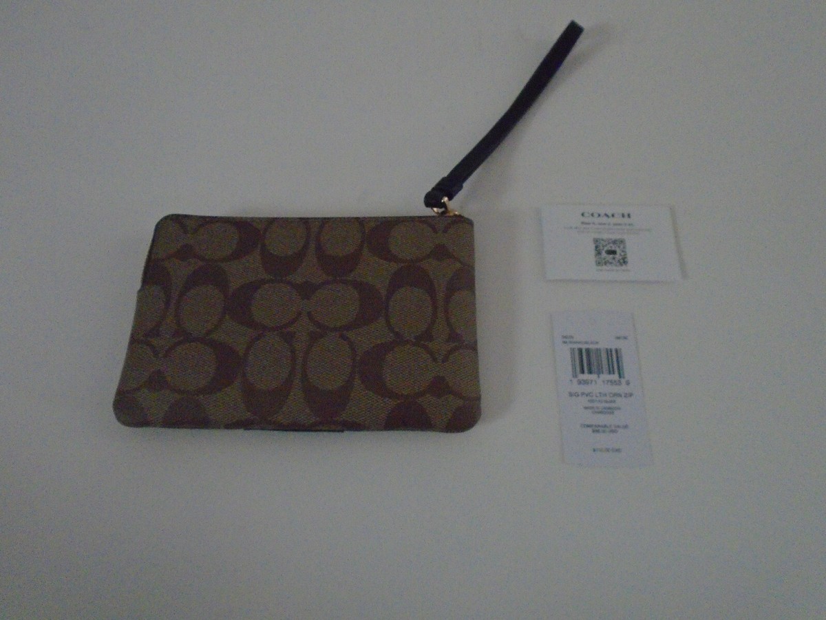 Coach Signature PVC Leather Corner Zip Wristlet Khaki Black 58035