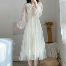 Womens V-neck Summer Chiffon Mesh Dresses A-line Fairy Midi Long Puff Sleeve
