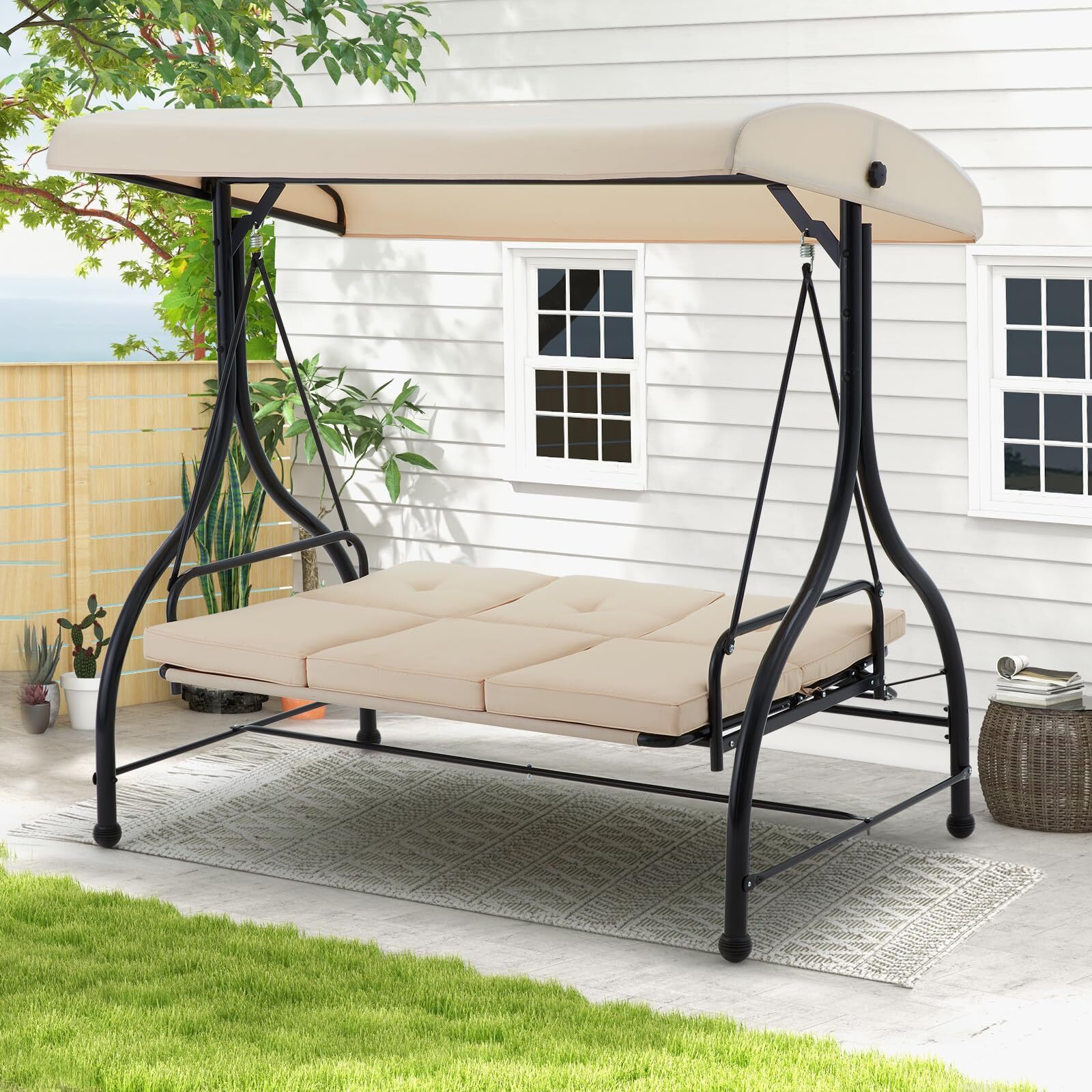 3-Seat Outdoor Porch Swing Patio Swing Bed with Adjustable Backrest & Canopy