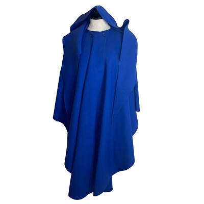 Saks Fifth Avenue Womens Vintage Coat Size 4 Blue Cape Hooded Pure Wool Retro