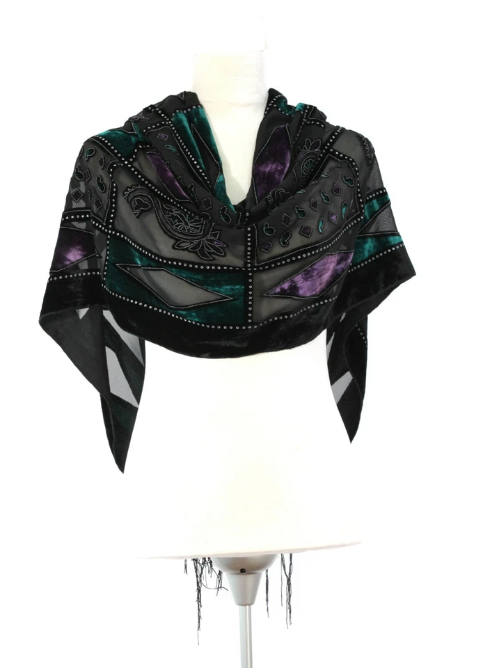 Gorgeous Emerald Green & Purple Silk Burnout Velvet Fringed Scarf Shawl Wrap - Image 3 of 4