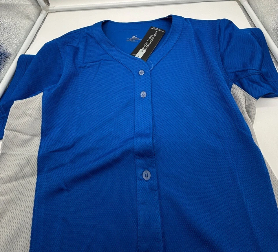 Camiseta deportiva profesional de juego de softbol con botones completos Mizuno para mujer, 350581, azul real/gris XL Foto 4 de 4