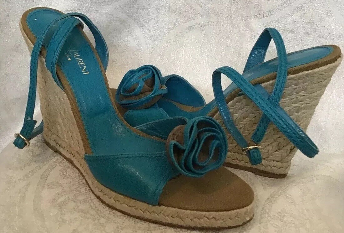 SAINT LAURENT Scarpe ysl pelle turchese zeppa corda stack guarigione clip rosa cinturino alla caviglia taglia 41