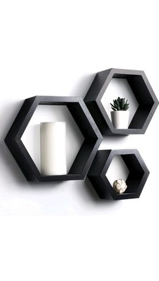 Set of 3 Pine Wood Hexagon Shelves for Wall Decor - Farmhouse Honeycomb Shelves