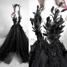 Gothic Black Wedding Dress A-Line Tulle Bride Long Boho Beach Bridal Gowns