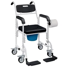 Shower Chair with Wheels, Bedside Commode Wheelchair for Seniors, Black