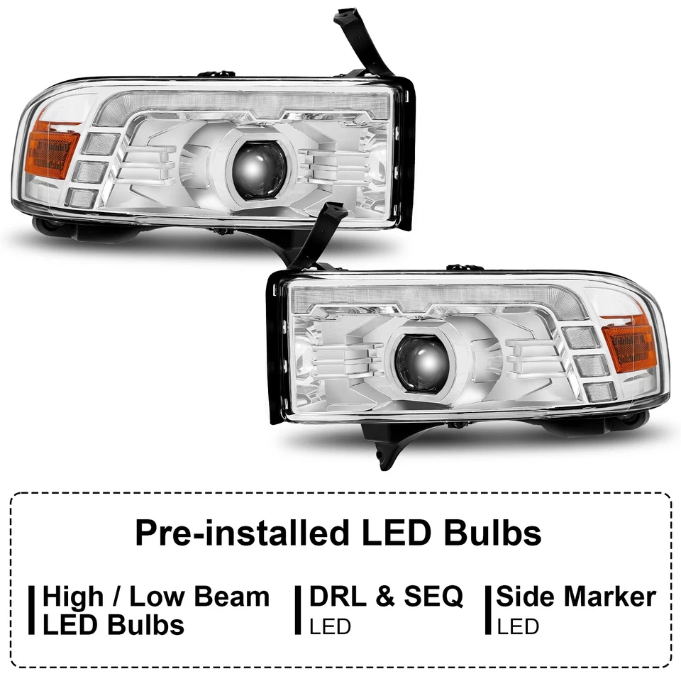 LED Projector DRL Sequential Headlights For 1994-2002 Dodge Ram 1500 2500 3500 - Image 4 of 4