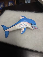 Vtg-Mod hand carved painted Dolphin Scarf Clip