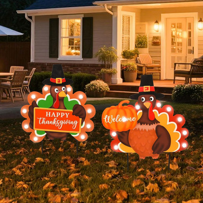 2 PCS Fall Decorations Outdoor Metal Happy Thanksgiving Decorative Garden Stakes
