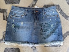 Y2K Vintage Style Embroidered Denim Mini Skirt Frayed Hem and Lace Trim Size 12