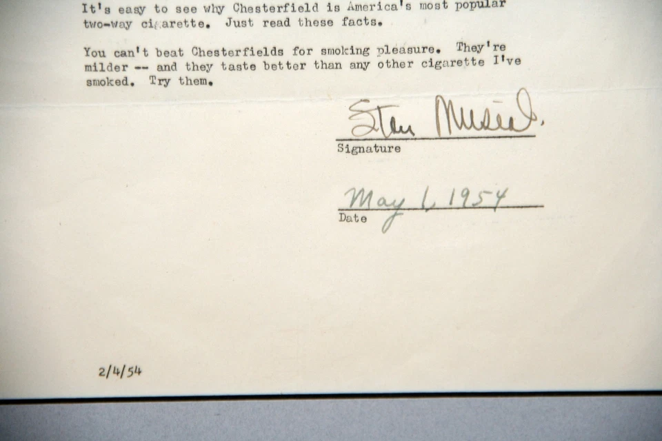 Stan Musial Autographed 1954 TLS w/ Photo Framed Chesterfield - Image 2 of 4