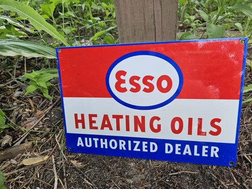 VINTAGE ESSO HEATING OILS PORCELAIN  GAS STATION SIGN, AUTHORIZED DEALER 12 X 8