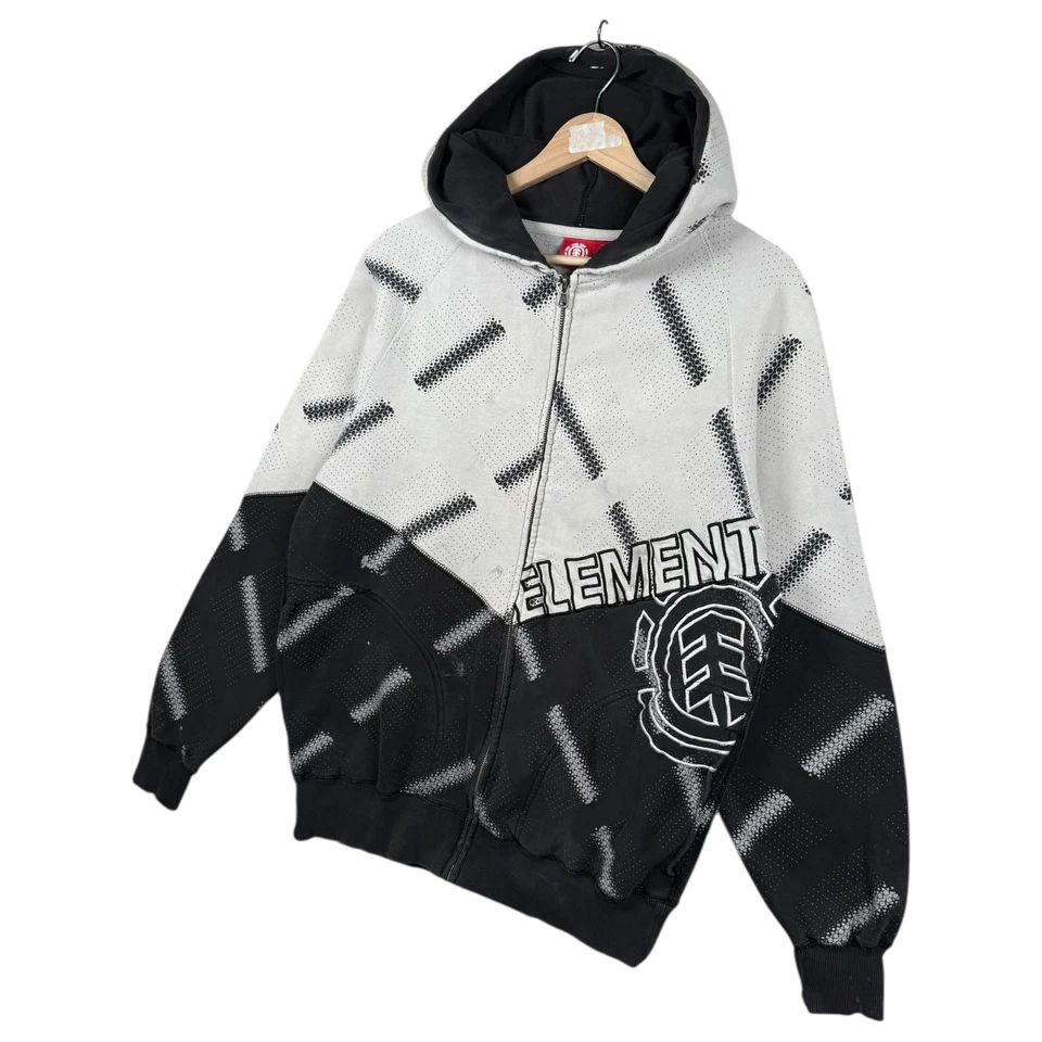 Chaqueta con capucha vintage con estampado integral con cremallera completa negra/blanca para hombre mediana Foto 3 de 4