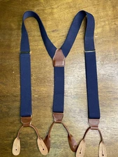 Mens Navy Blue And Leather Suspenders Button On Braces Elastic Adjustable