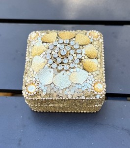 TRINKET BOX JEWEL LUXURY METAL SQUARE GOLD BEADED RHINESTONE CRYSTAL FANCY
