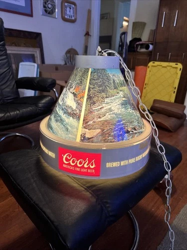 1970s Coors original Beer Hanging Light Round Cone 3 Panel vintage rare bar sign