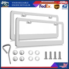 2Pcs Chrome Stainless Steel Metal License Plate Frame Tag Cover With Screw Caps