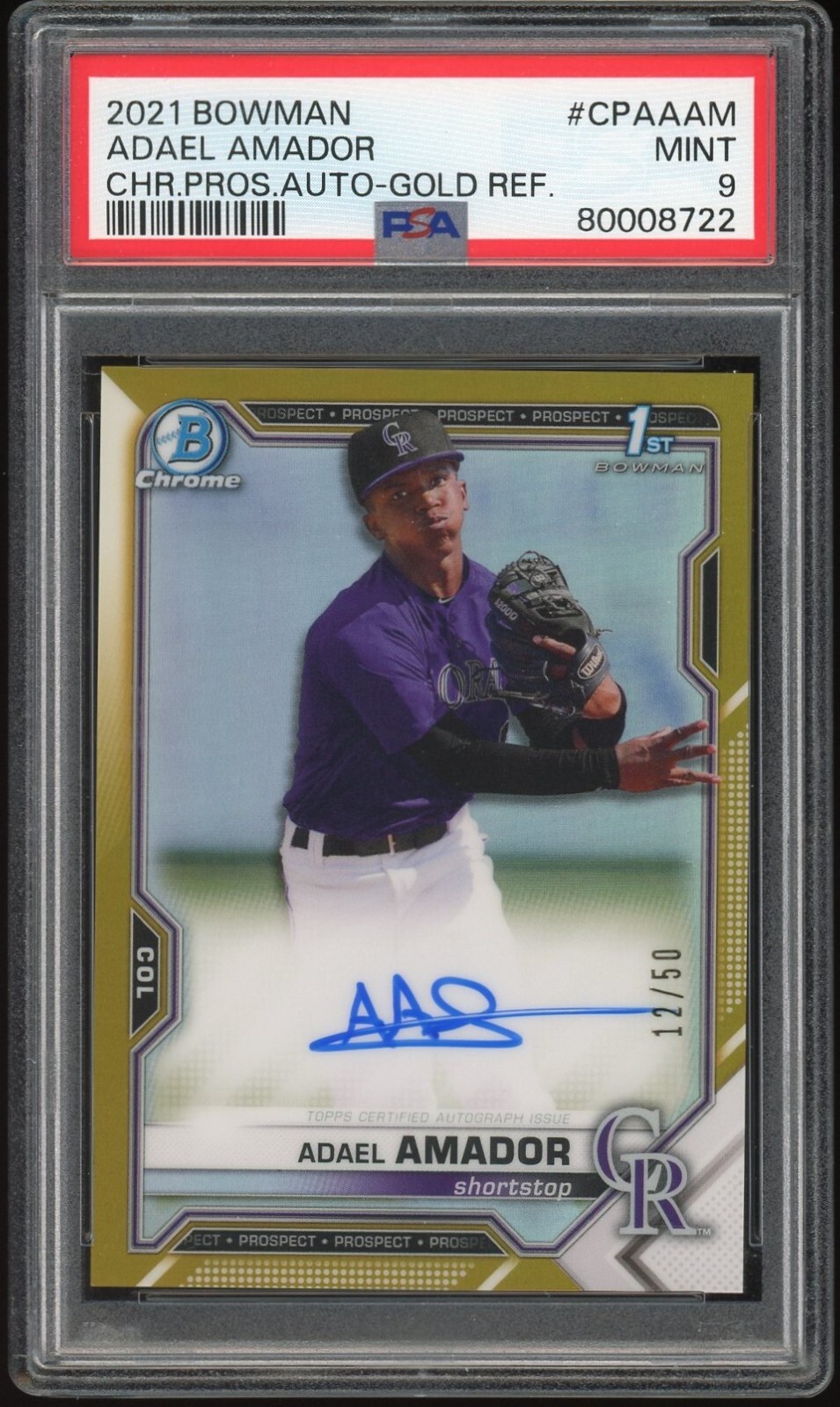 2021 Bowman Chrome Adael Amador Gold Refractor Auto /50 Rookie RC PSA 9 Rockies