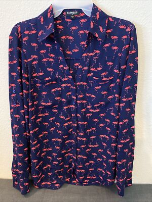 Express Shirt Women's Small Blue W/ Pink Flamingos Button Up